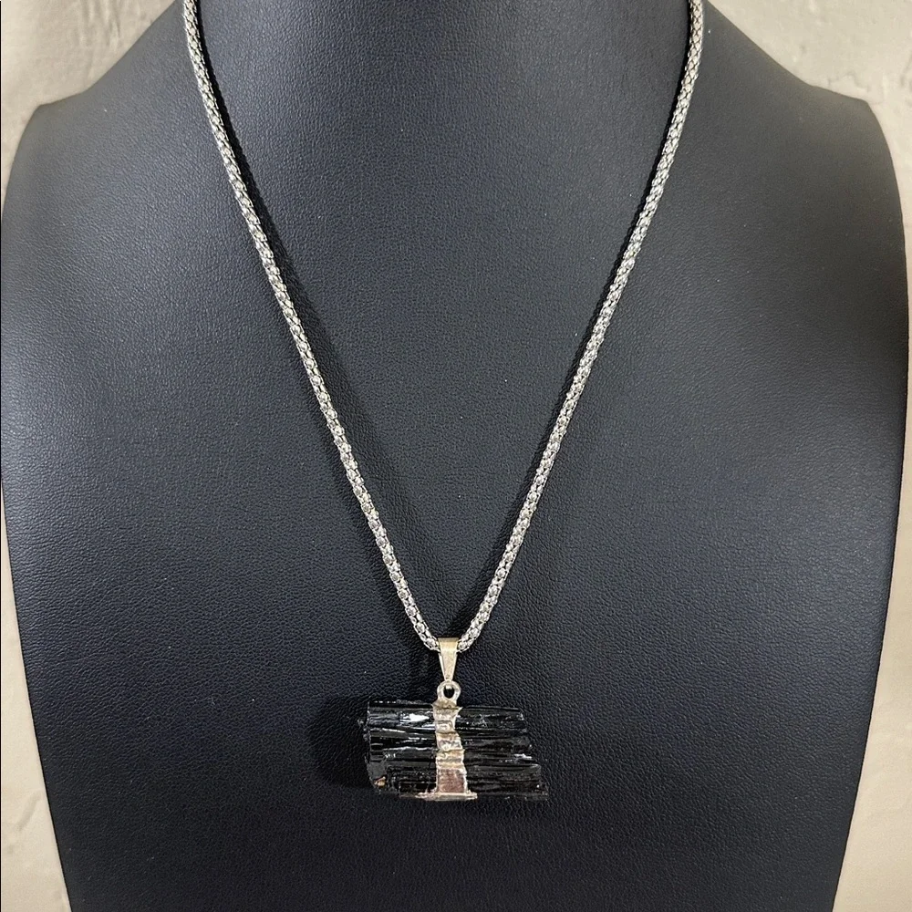 Raw Black Tourmaline Horizontal Pendant Necklace